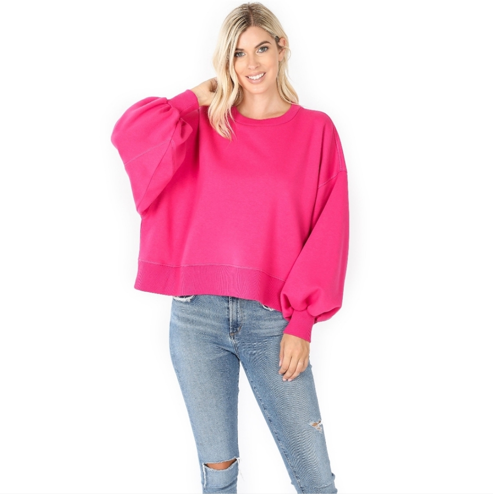 Zenana Hot Pink Oversized Balloon Sleeve Sweatshirt M–2X